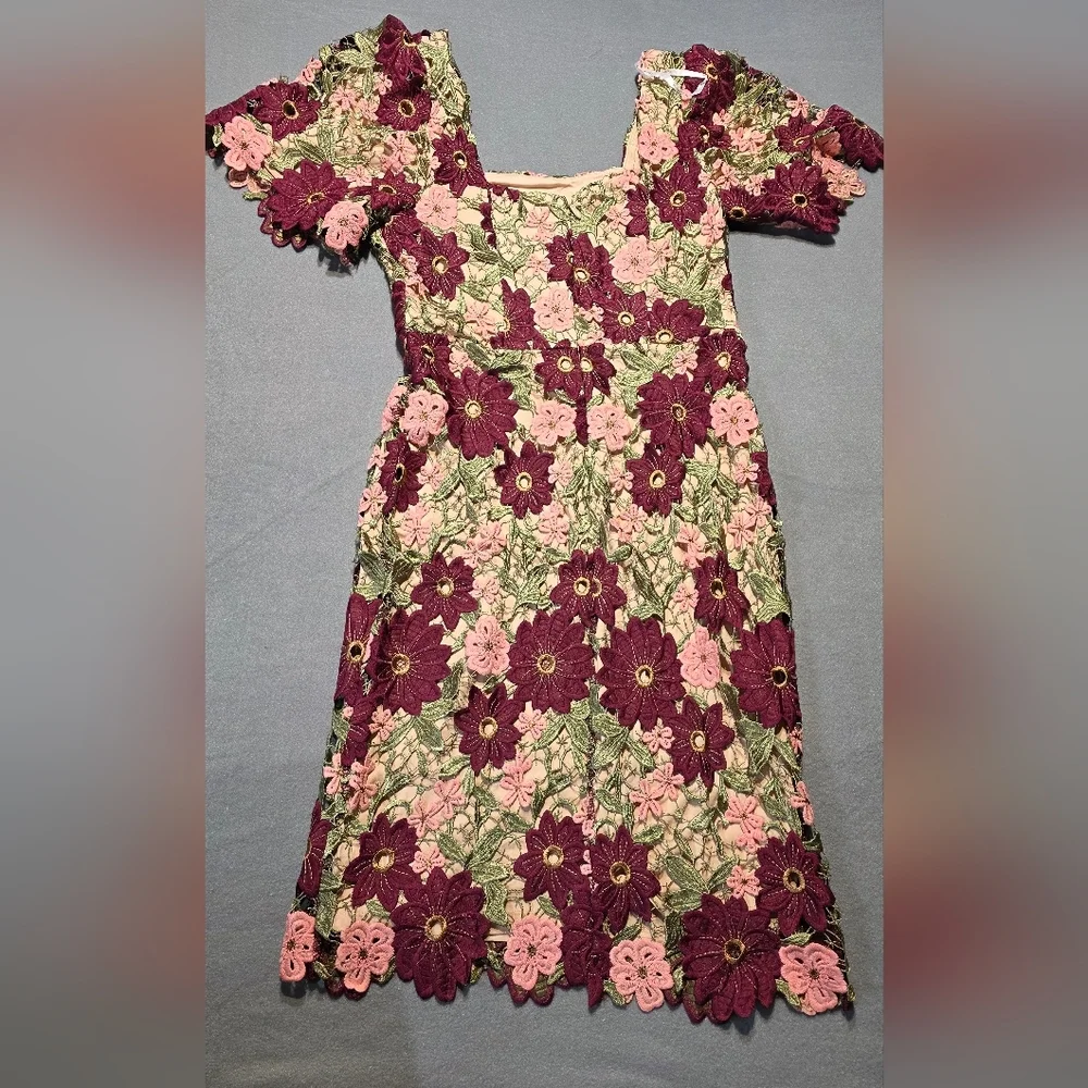 Just Me Burgundy and Pink Floral Midi Dress New In Poly Bag Large PTP 19 - Picture 3 of 6